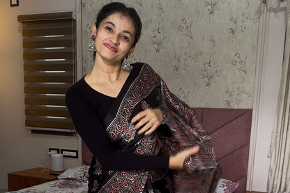 Pure modal silk ajrak handblock saree- black