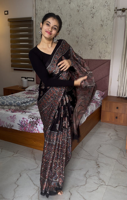 Pure modal silk ajrak handblock saree- black
