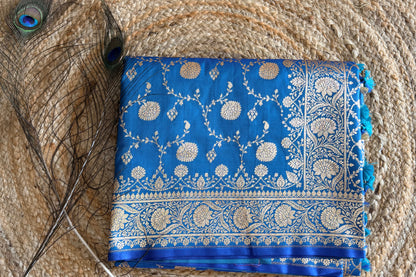 Banarasi soft kattan silk saree - Peacock blue