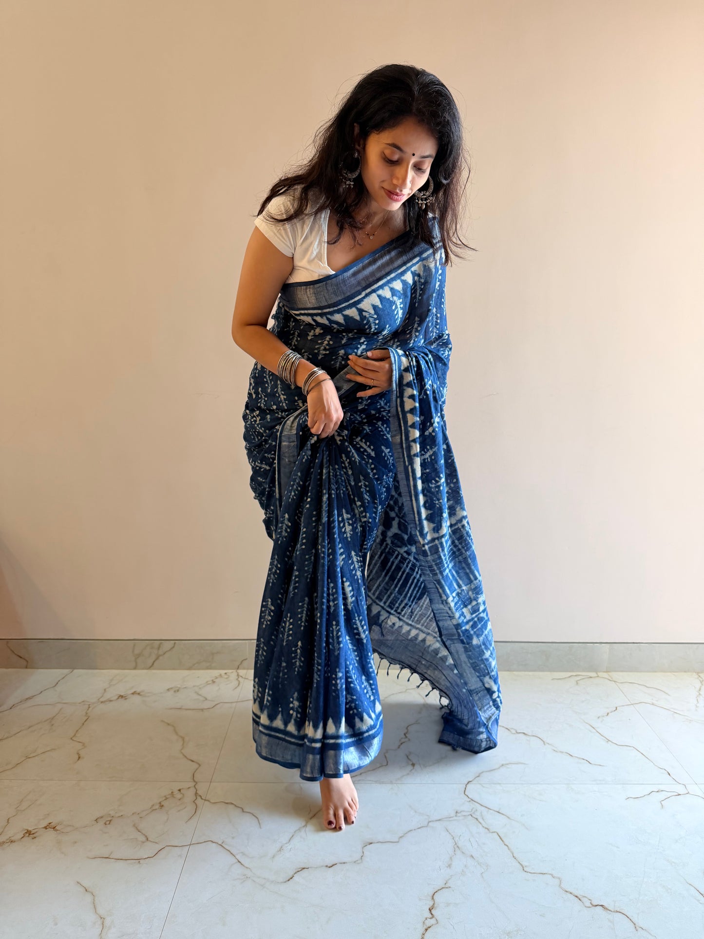 Linen slub handblock indigo saree