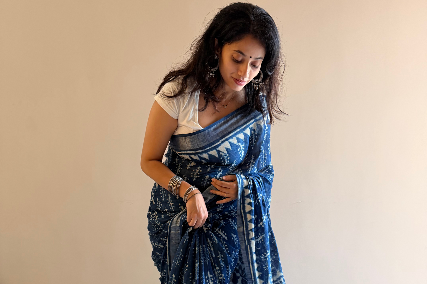 Linen slub handblock indigo saree