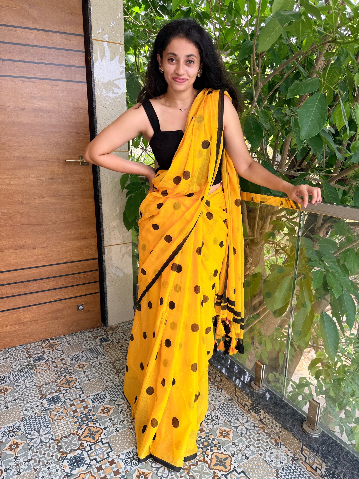 Polka - Yellow  Handblock Mul cotton