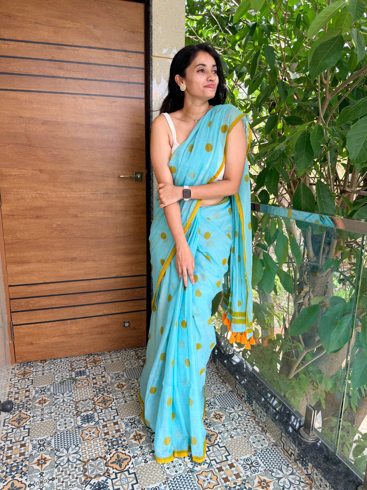 Polka -Ice blue  Handblock Mul cotton