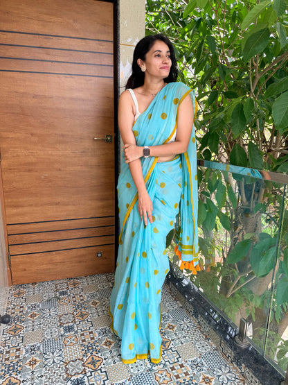 Polka -Ice blue  Handblock Mul cotton