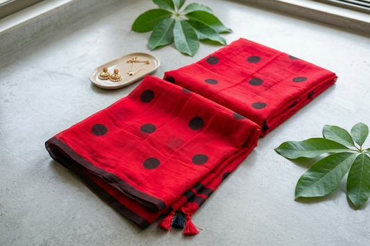 Polka - Red Handblock Mul cotton