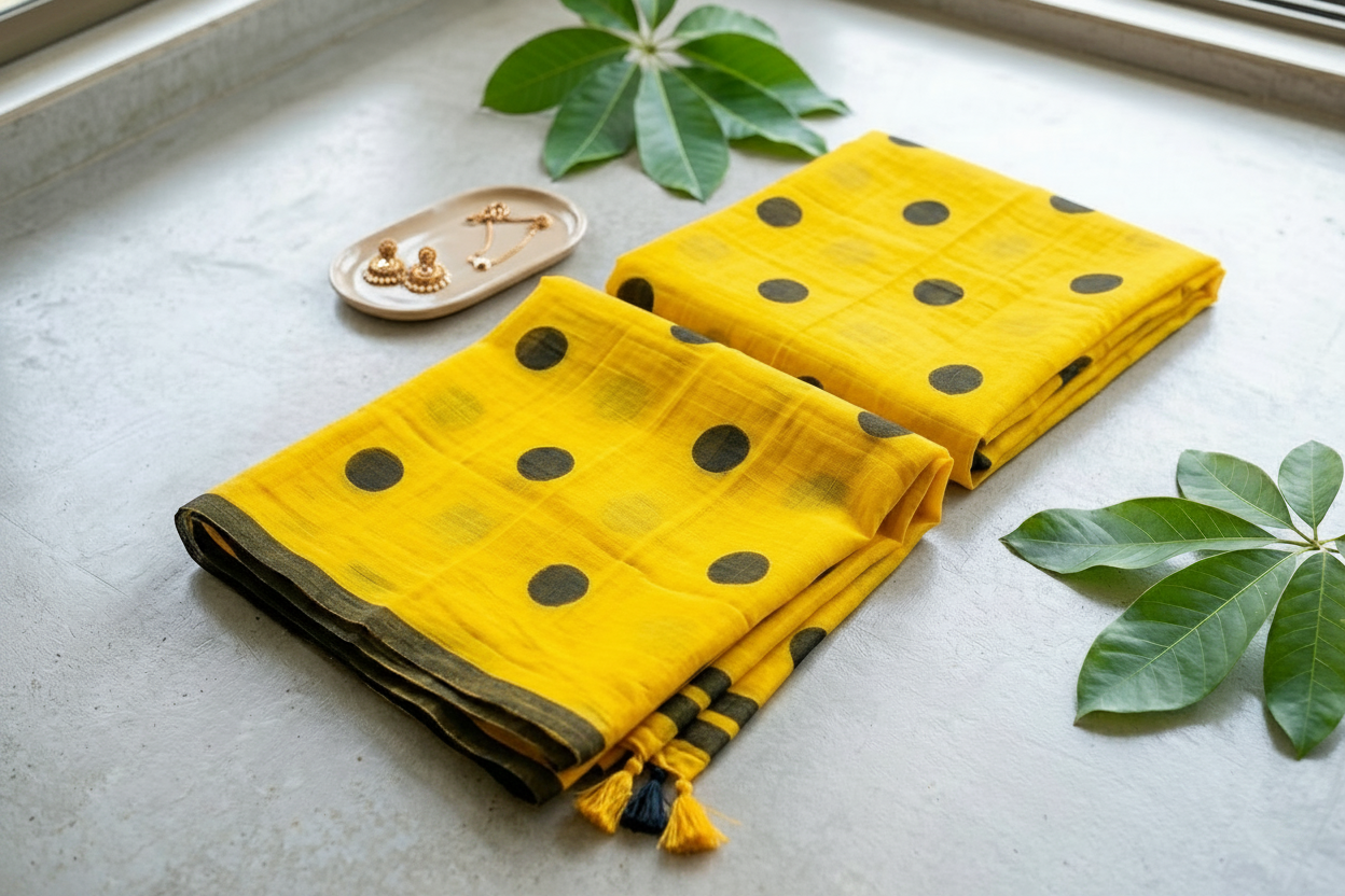 Polka - Yellow  Handblock Mul cotton