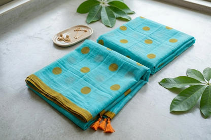 Polka -Ice blue  Handblock Mul cotton