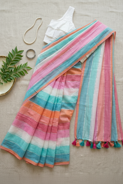 Rainbow- pastel mul cotton saree