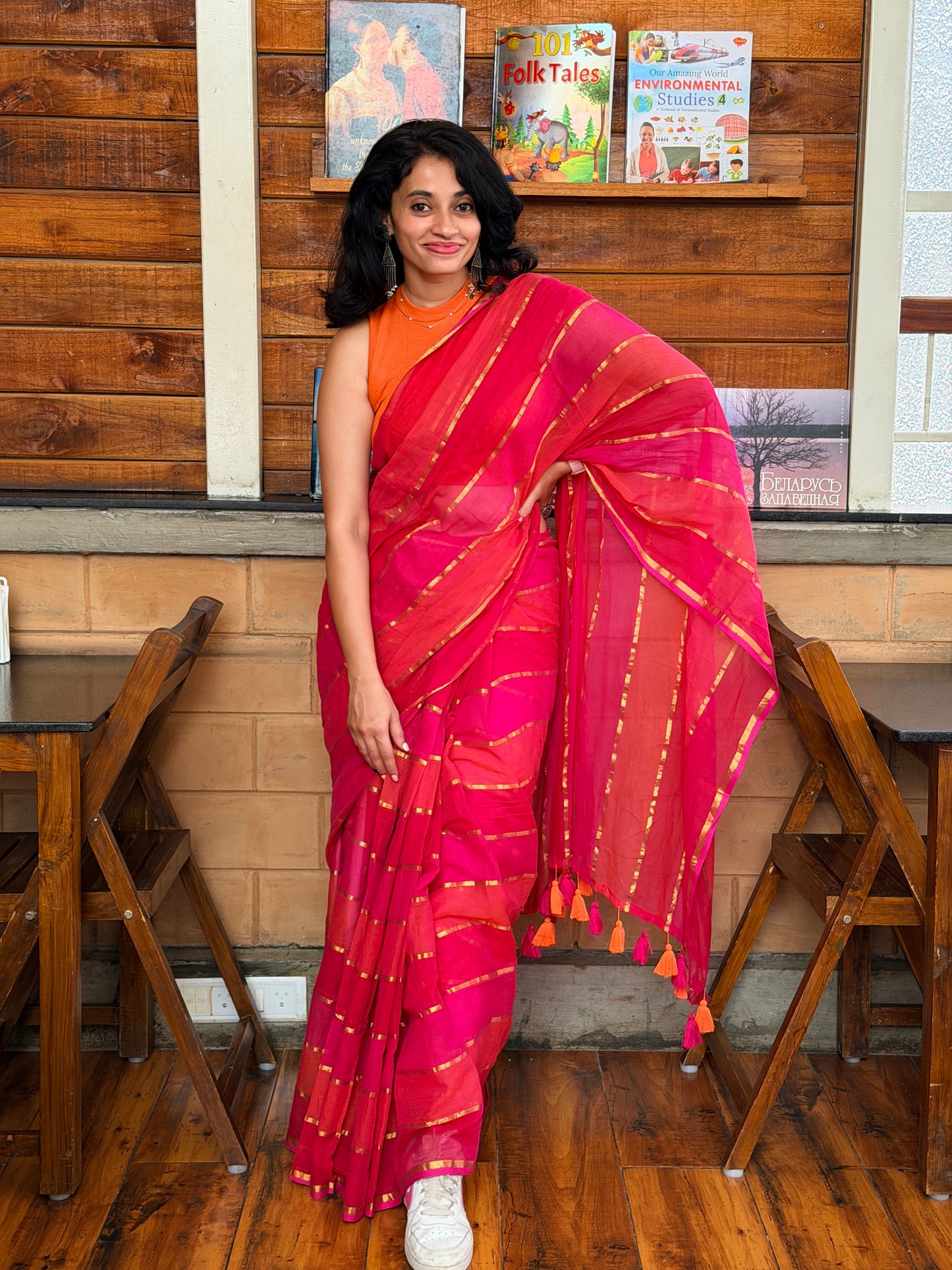 Pinky promise - striped mul cotton saree