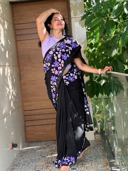 Twilight-Black Hand painted mul cotton saree