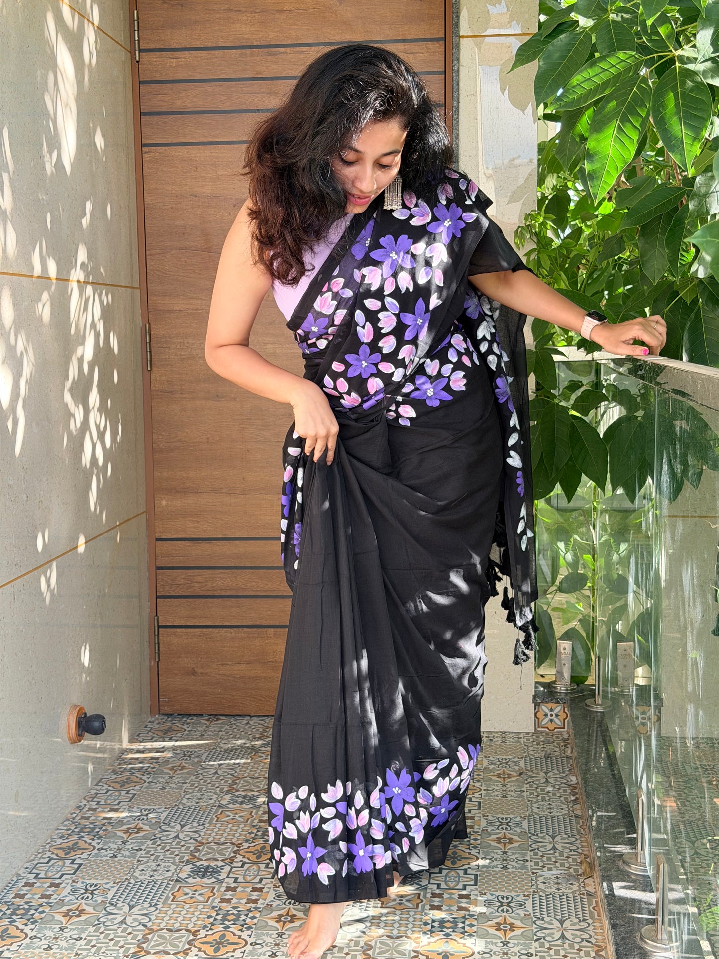 Twilight-Black Hand painted mul cotton saree