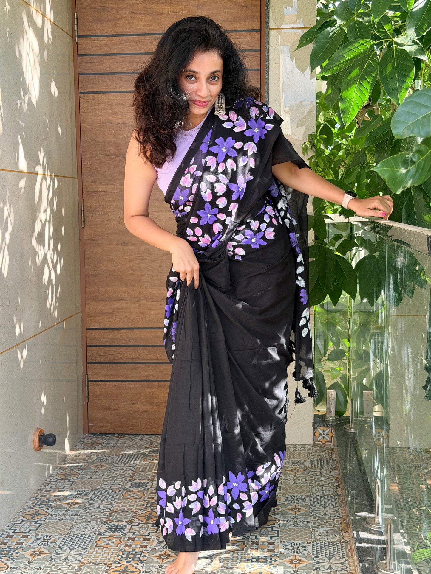 Twilight-Black Hand painted mul cotton saree