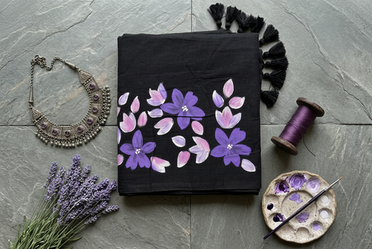 Twilight-Black Hand painted mul cotton saree