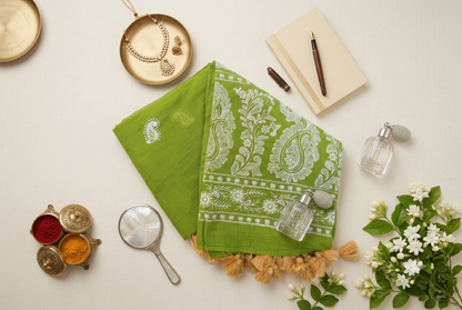 Mehendi green - Pure Mul chikankari embroidery
