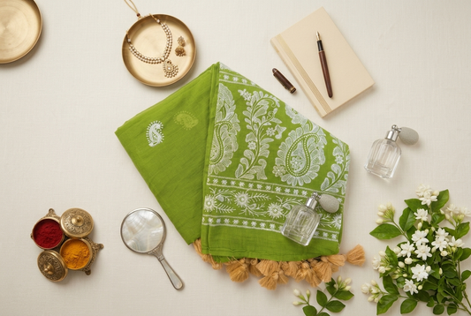 Mehendi green - Pure Mul chikankari embroidery