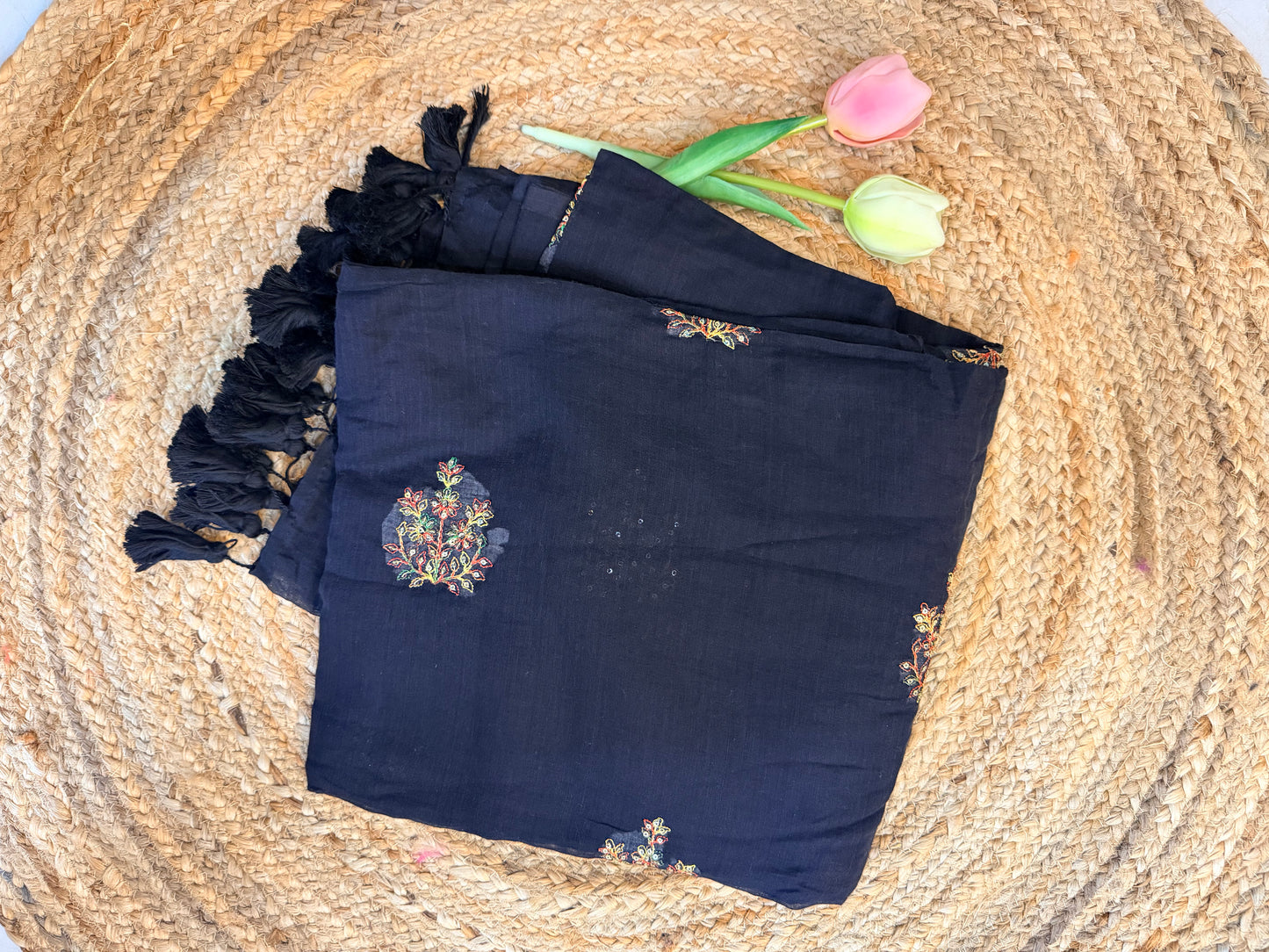 Black - Pure Mul hand embroidery Saree