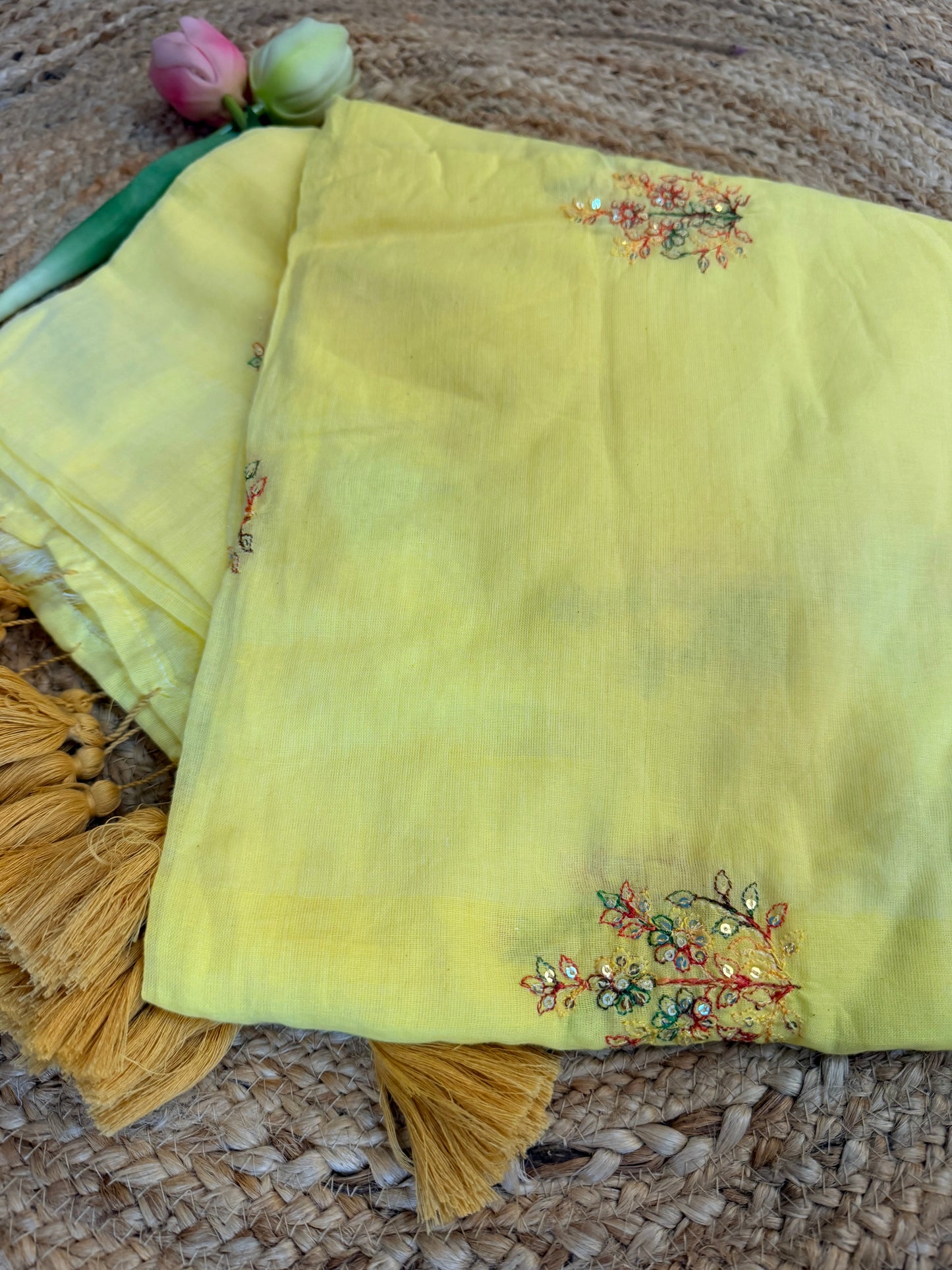 Butter yellow - Pure Mul hand embroidery Saree
