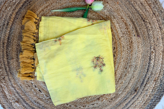 Butter yellow - Pure Mul hand embroidery Saree