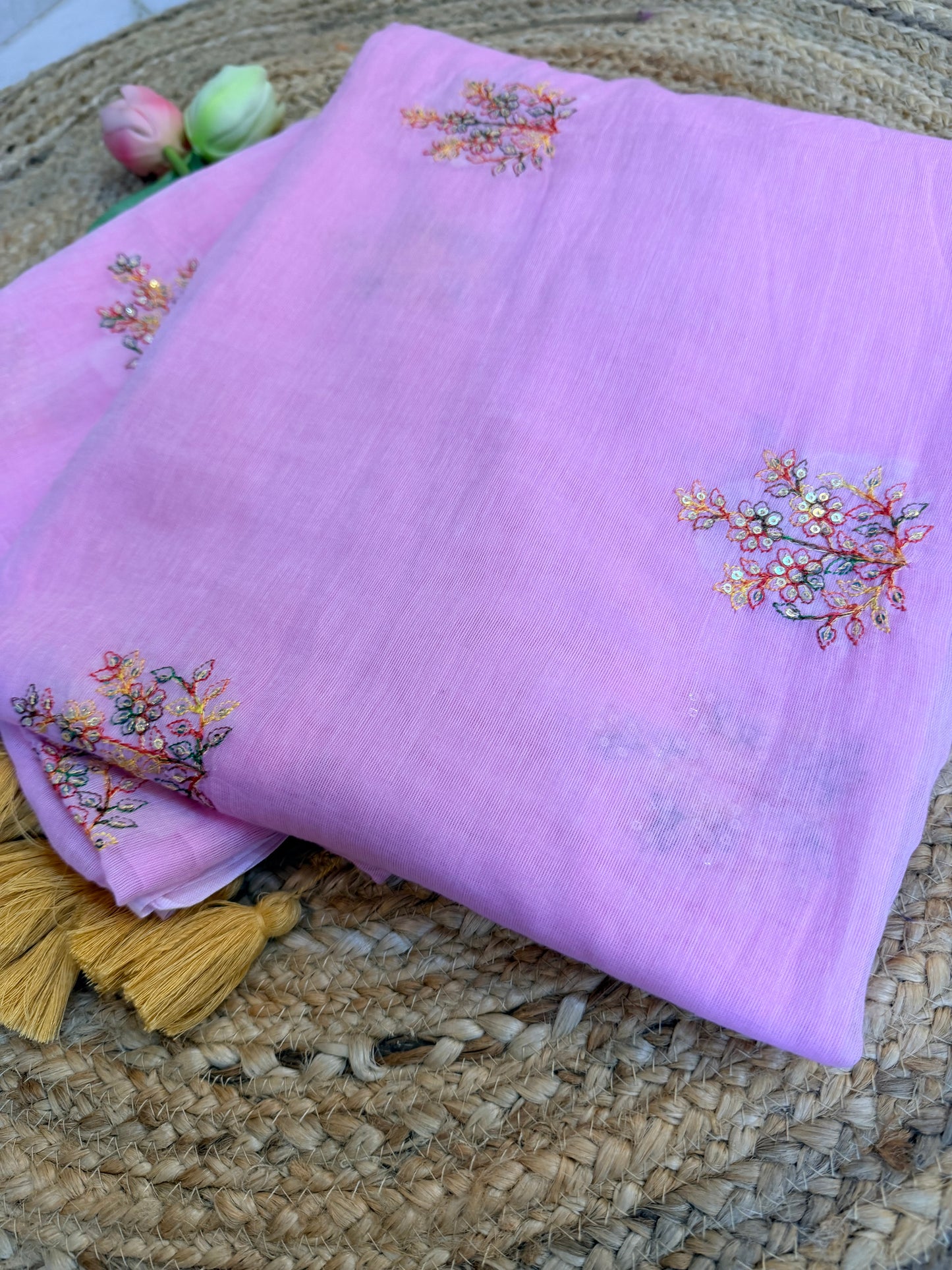 Pink- Pure Mul hand embroidery Saree
