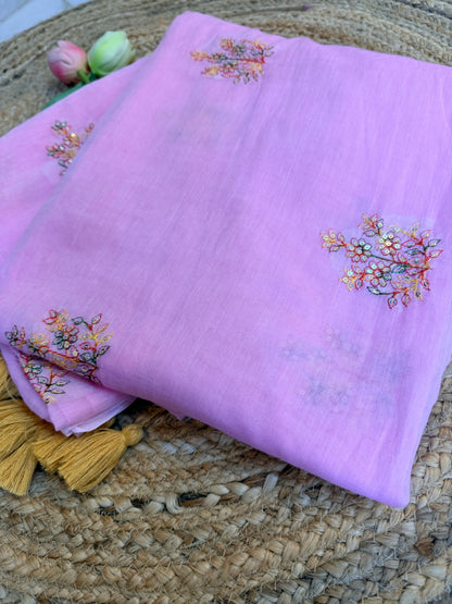 Pink- Pure Mul hand embroidery Saree