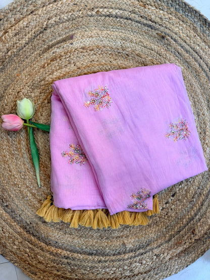 Pink- Pure Mul hand embroidery Saree