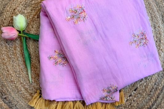Pink- Pure Mul hand embroidery Saree