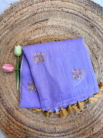 Lilac - Pure Mul hand embroidery Saree