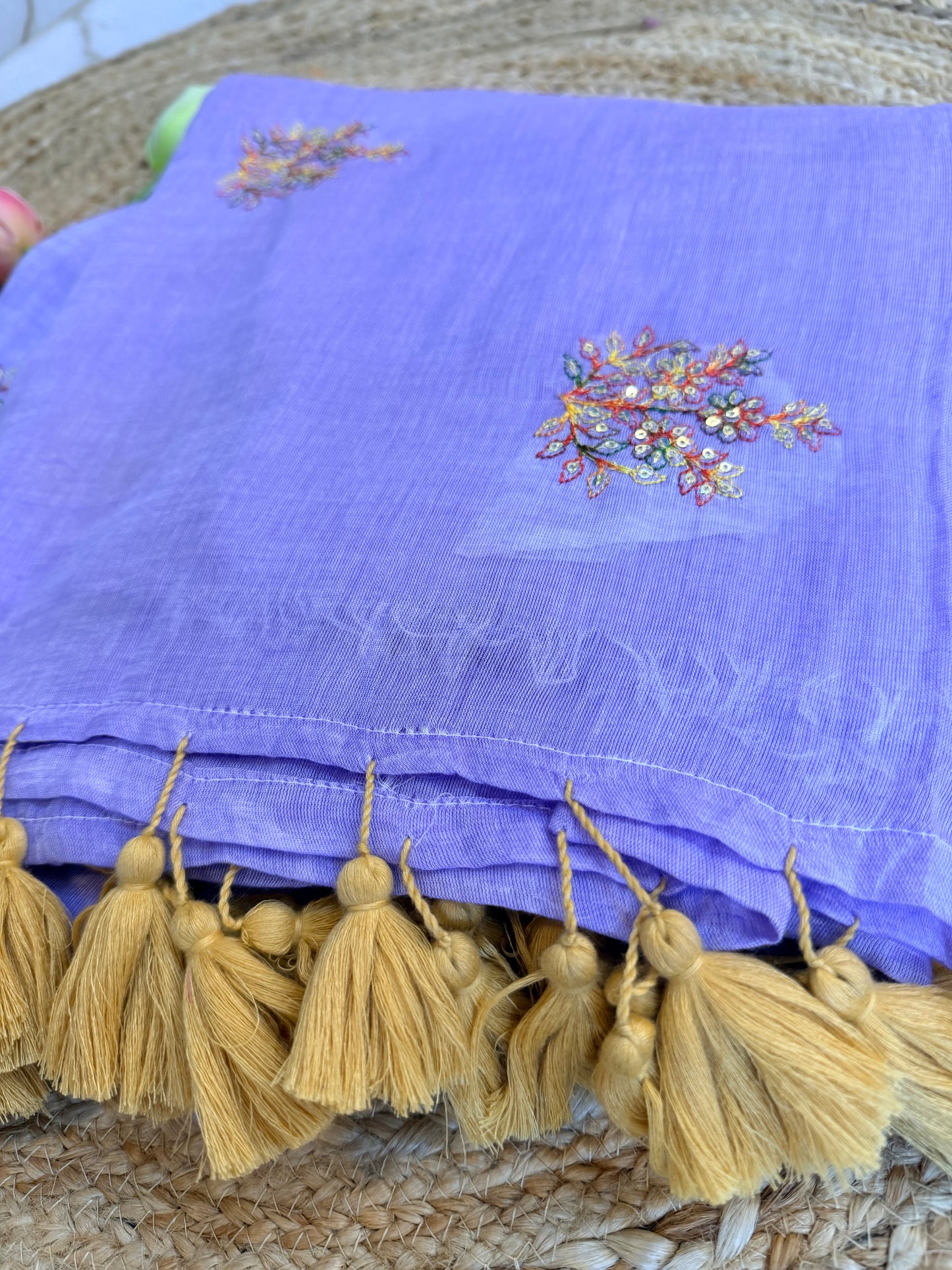 Lilac - Pure Mul hand embroidery Saree