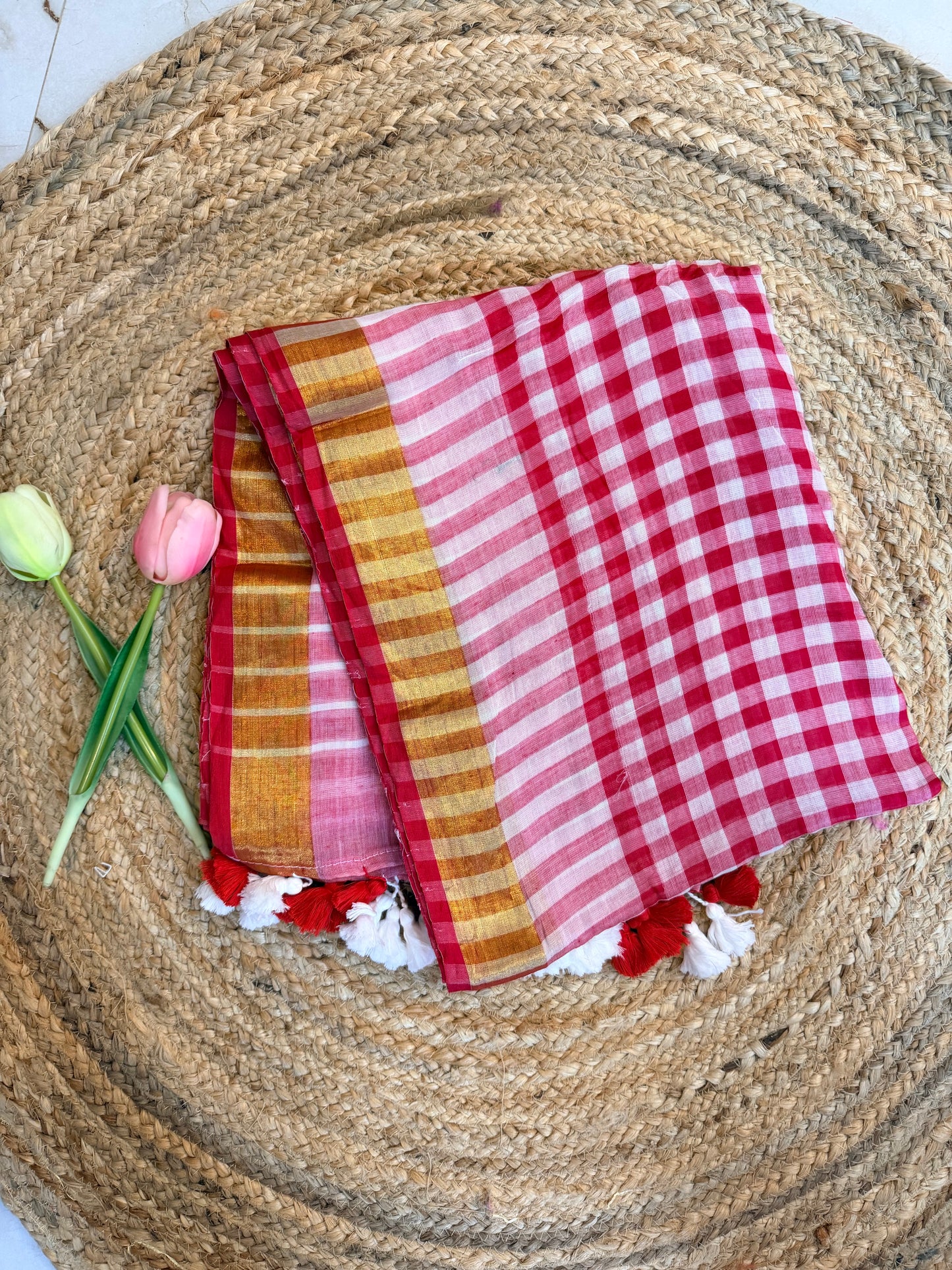 Checkmate-Gingham Red with zari border