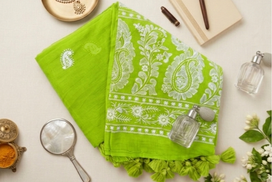 Parrot green - Pure Mul chikankari embroidery