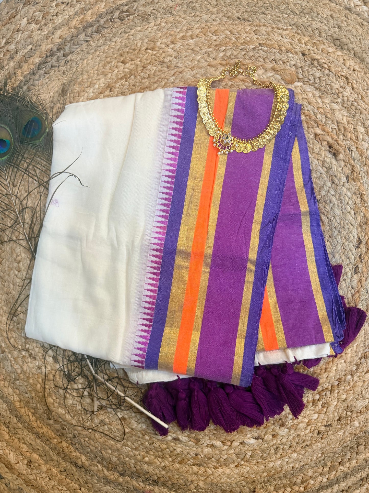 Onam- Off white pure mul cotton with multicolor border