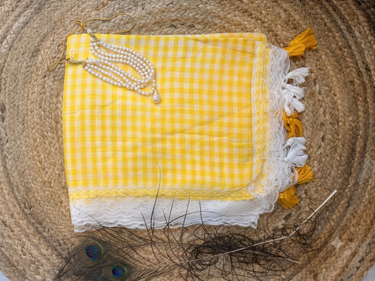 Checkmate-Gingham yellow sunshine lace saree
