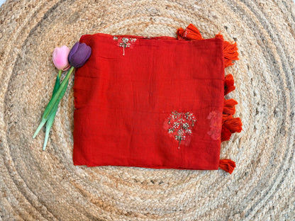 Rust orange - Pure mul Hand embroidery saree