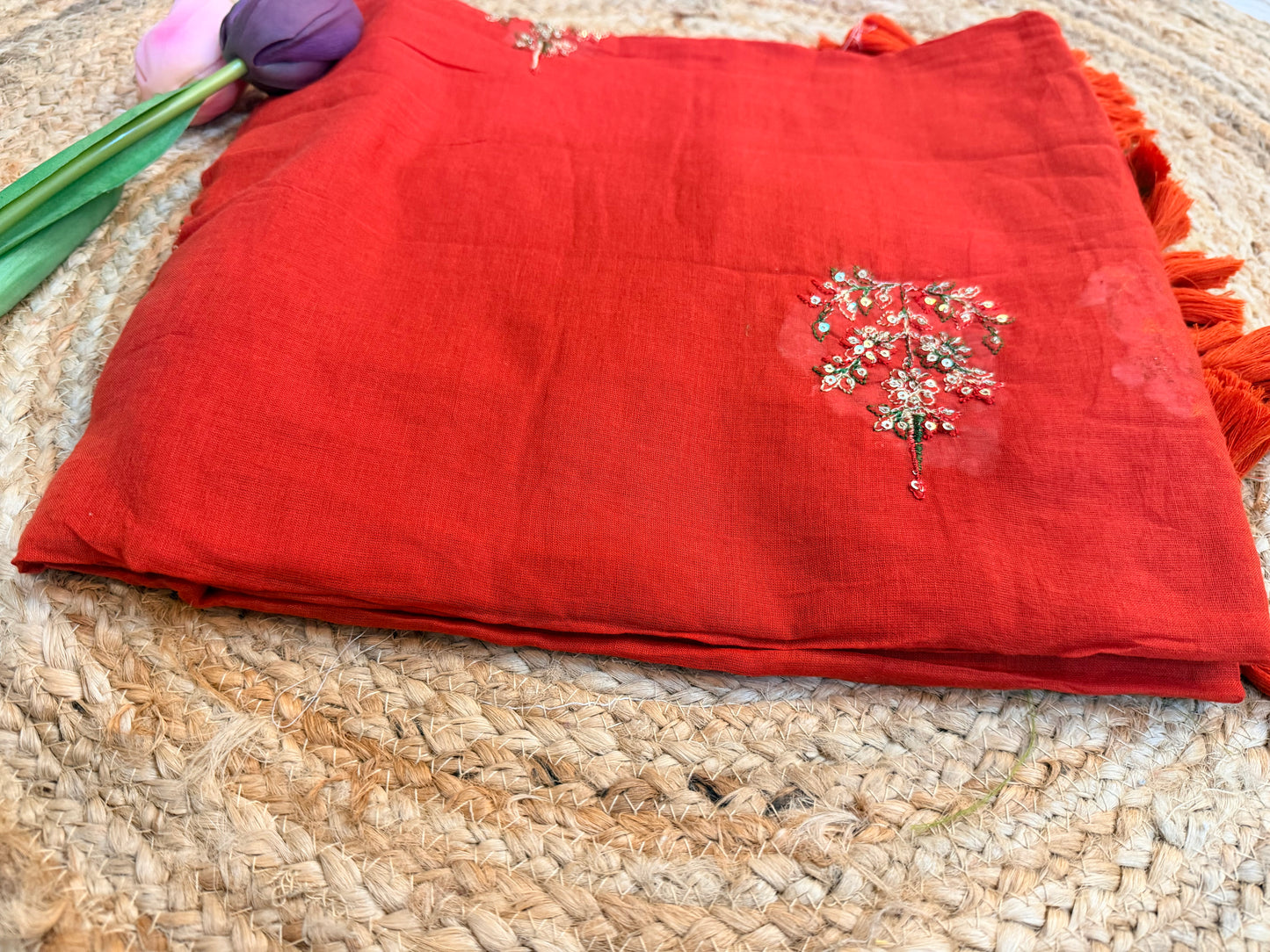 Rust orange - Pure mul Hand embroidery saree