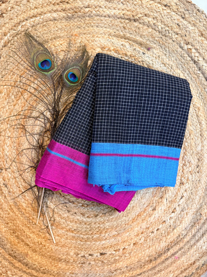 Ganga - Pure handloom patteda anchu pink and blue plain