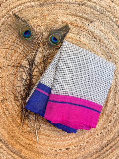 Ganga - Pure handloom off white patteda anchu pink and blue