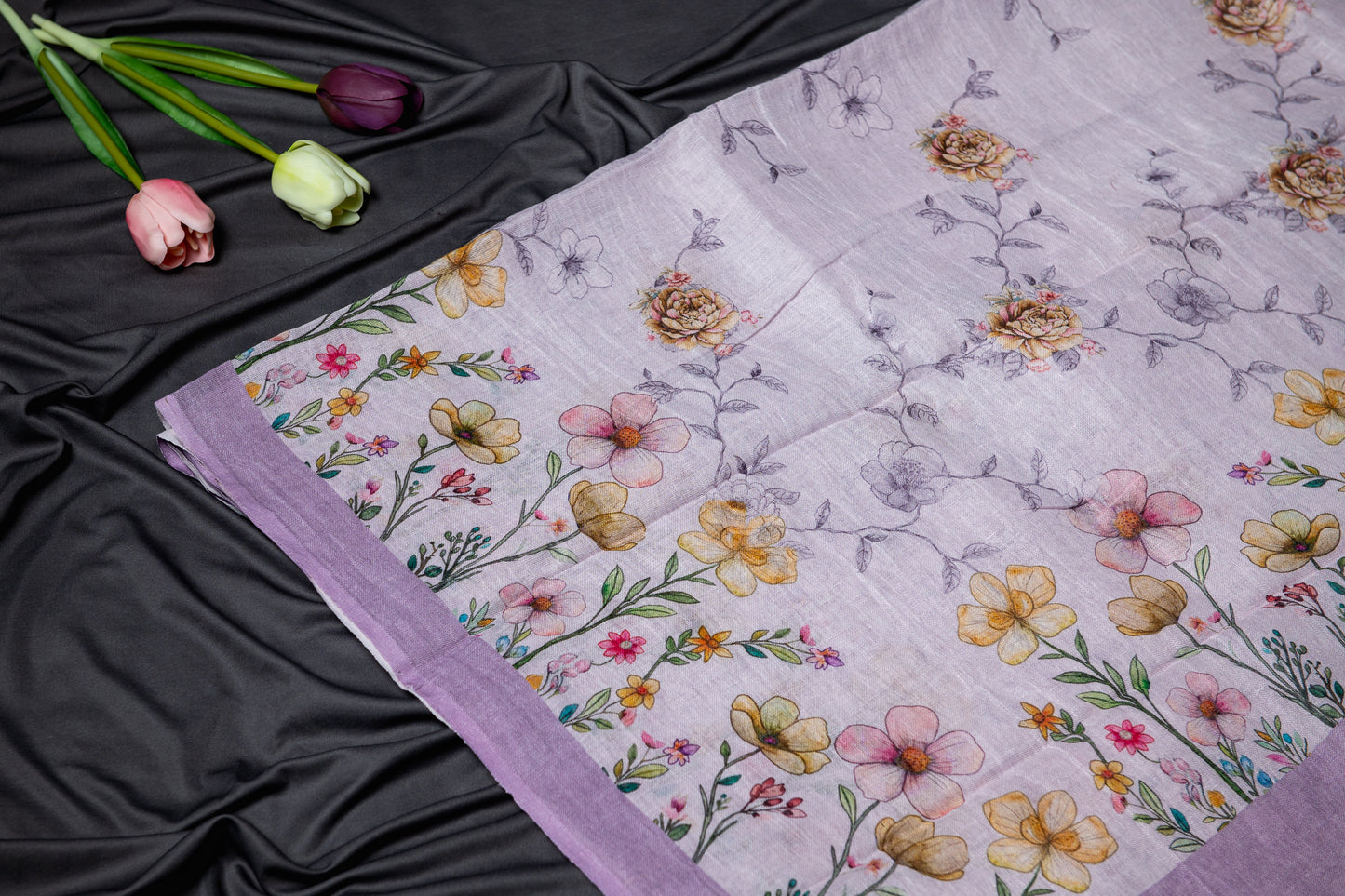 Pure linen printed saree - Lilac