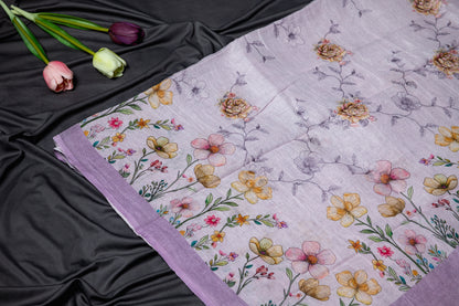Pure linen printed saree - Lilac