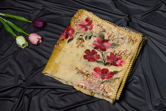 Glass tissue Resham floral embroidery - gold