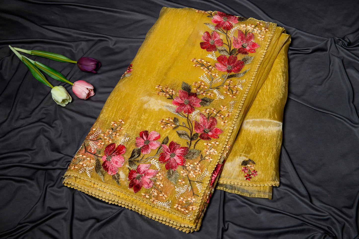 Glass tissue Resham floral embroidery - gold