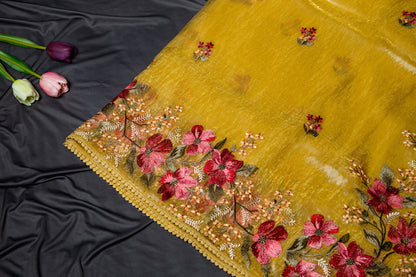 Glass tissue Resham floral embroidery - gold