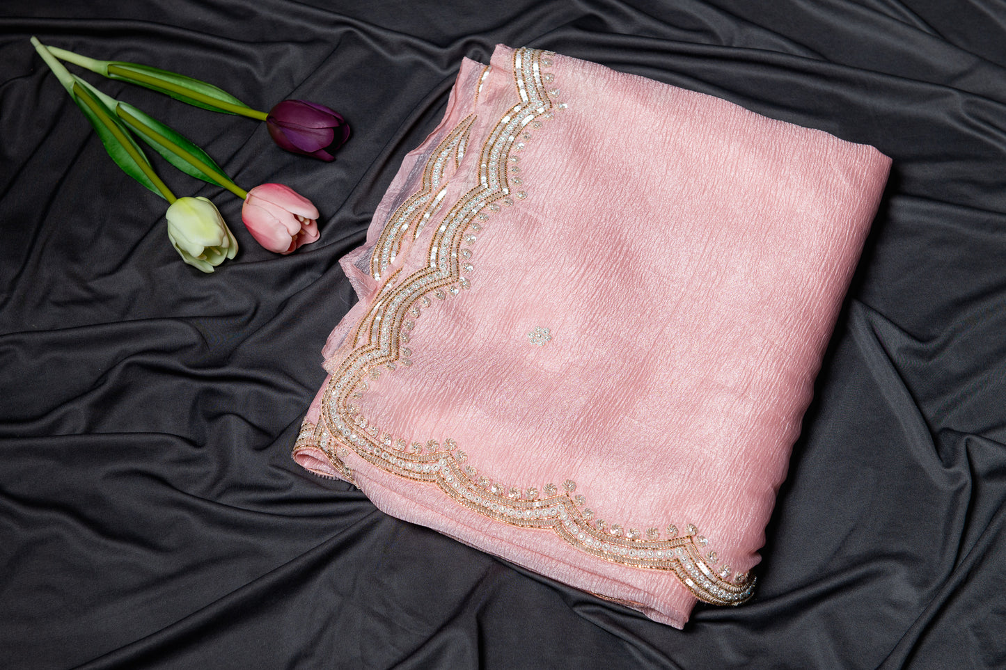 Premium Tissue hand embroidery saree - Baby pink