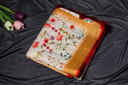 Tussar tissue silk floral hand embroidery -Gold and off white