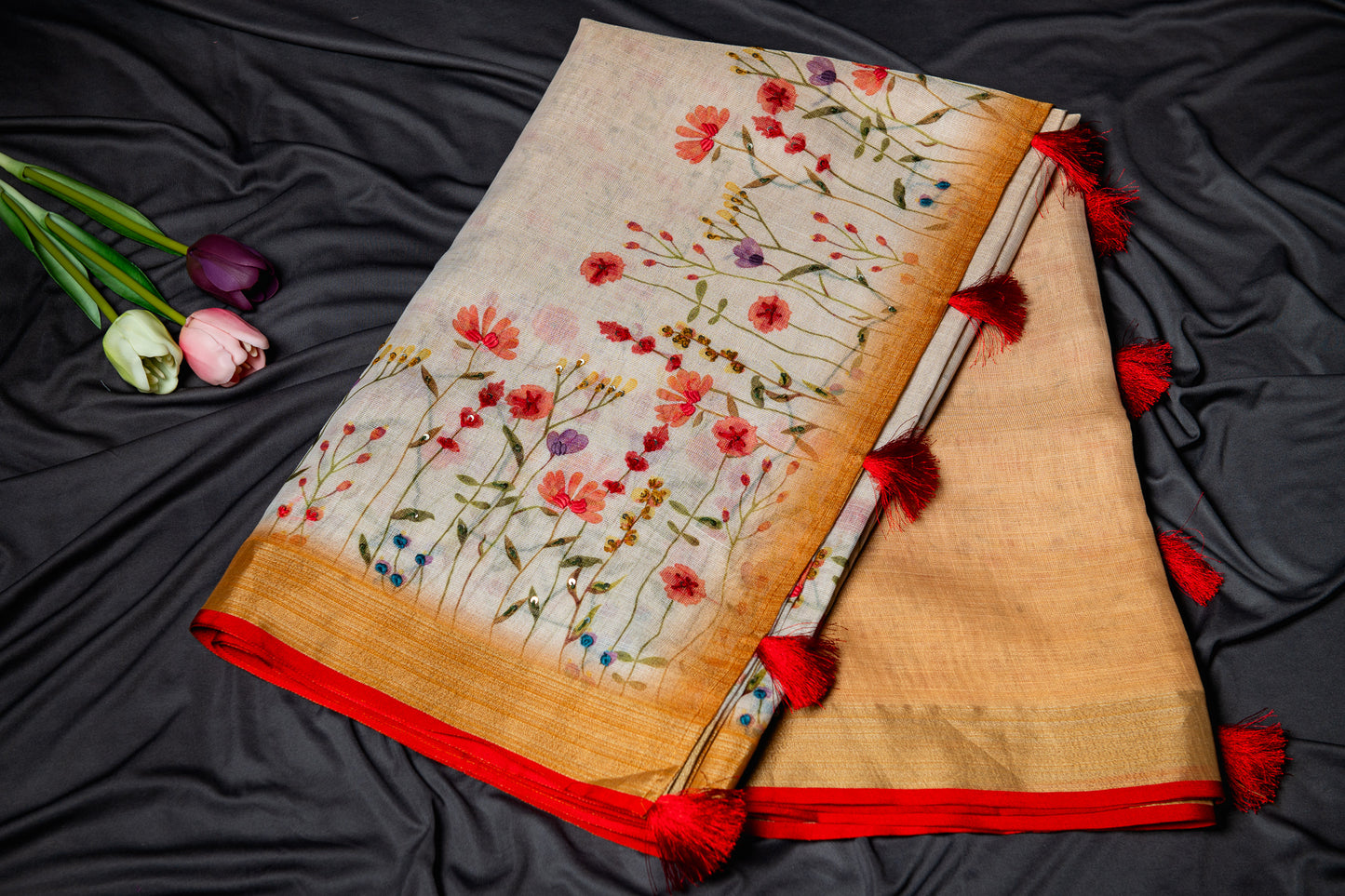 Tussar tissue silk floral hand embroidery -Gold and off white