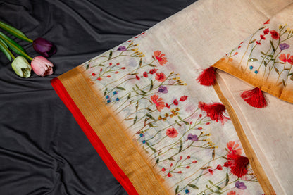 Tussar tissue silk floral hand embroidery -Gold and off white