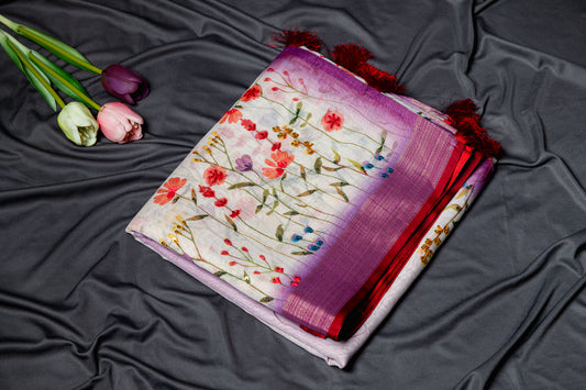 Tussar tissue silk floral hand embroidery -Lavender and off white