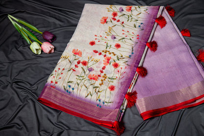 Tussar tissue silk floral hand embroidery -Lavender and off white