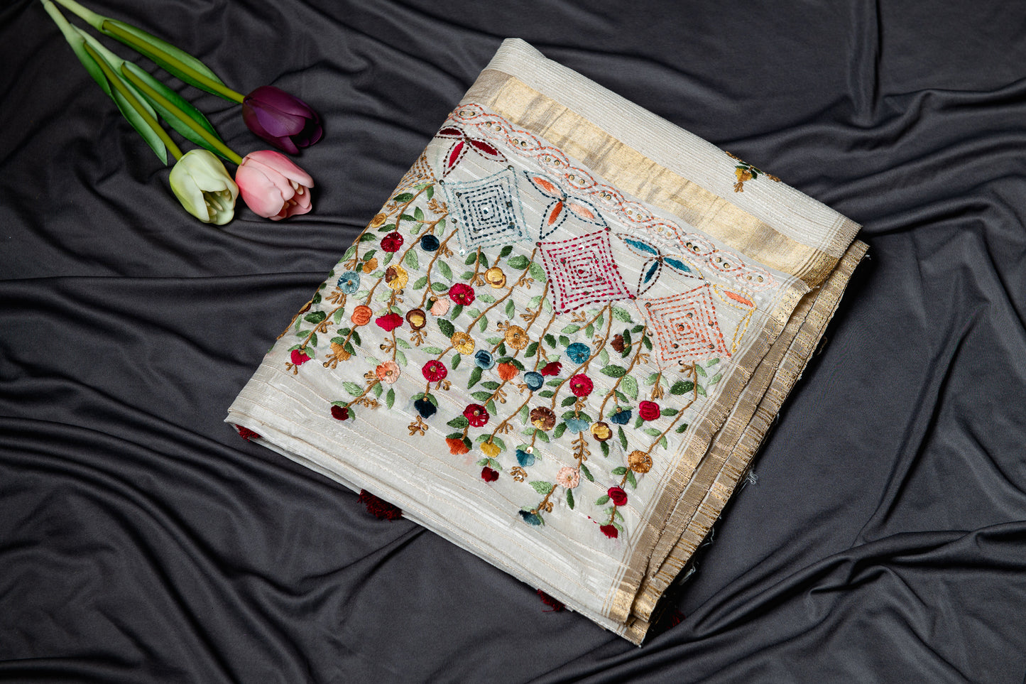 Linen silk with Frenchknot Hand embroidery