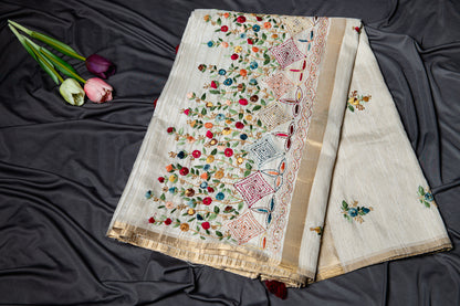 Linen silk with Frenchknot Hand embroidery