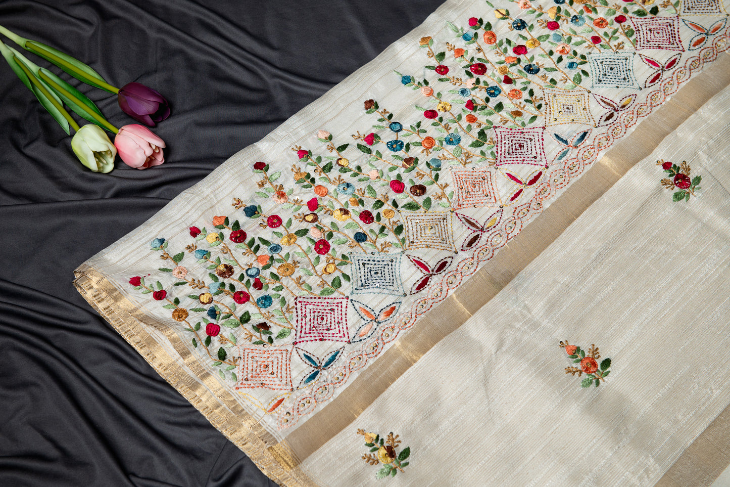 Linen silk with Frenchknot Hand embroidery